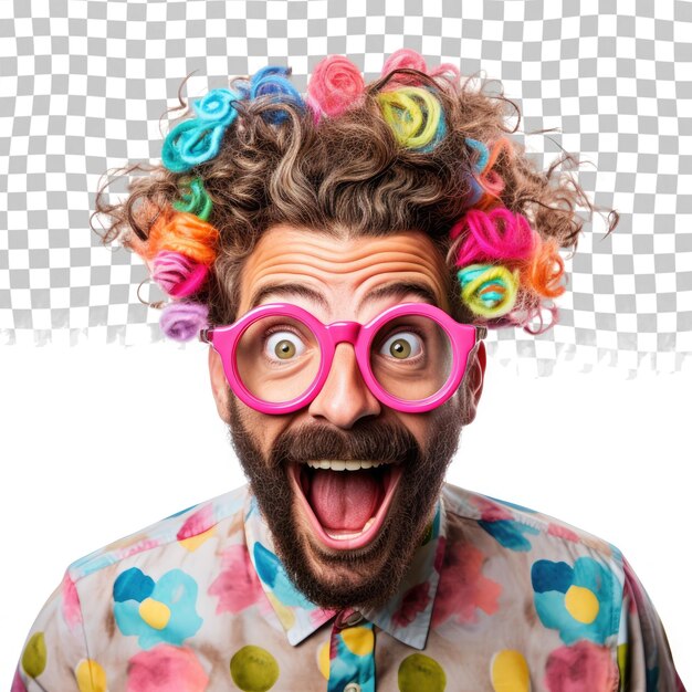 PSD cheerful hipster man with curlers in beard surprised man with glasses looks in front isolated on transparent background