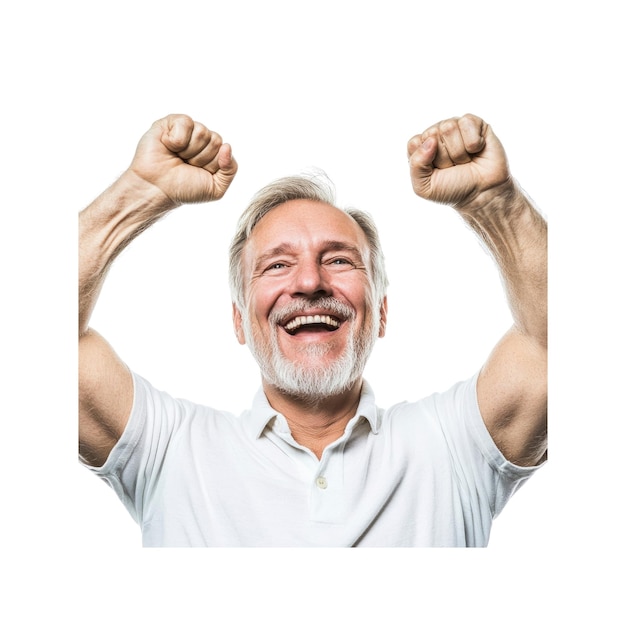 PSD cheerful senior man celebrating success with arms raised