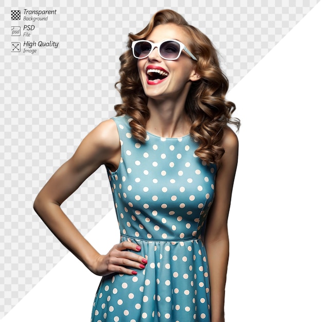 Cheerful woman in polka dot dress wearing sunglasses