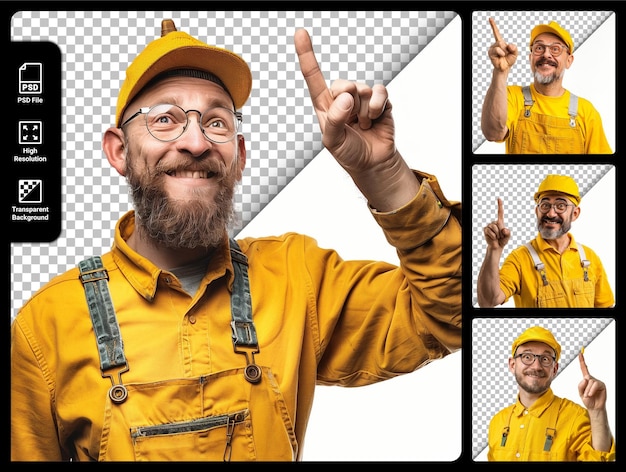 Cheerful Worker in Yellow Overalls Pointing Up isolated on a transparent background