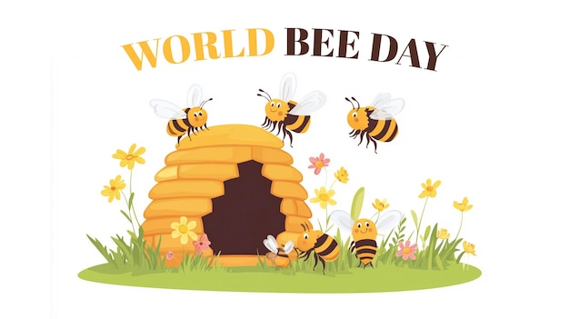 PSD cheerful world bee day design featuring bees in a radiant floral landscape