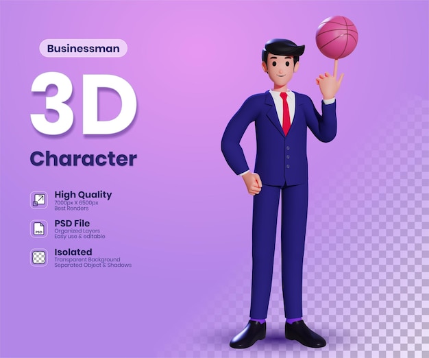 Cheerful Young Businessman In formal suit spinning a Basketball on his finger 3d illustration