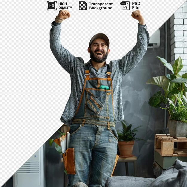 cheerful young repairman in a customer apartment holding up his arms png psd