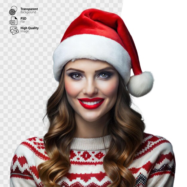 PSD cheerful young woman smiling in santa hat and holiday sweater during festive winter celebration