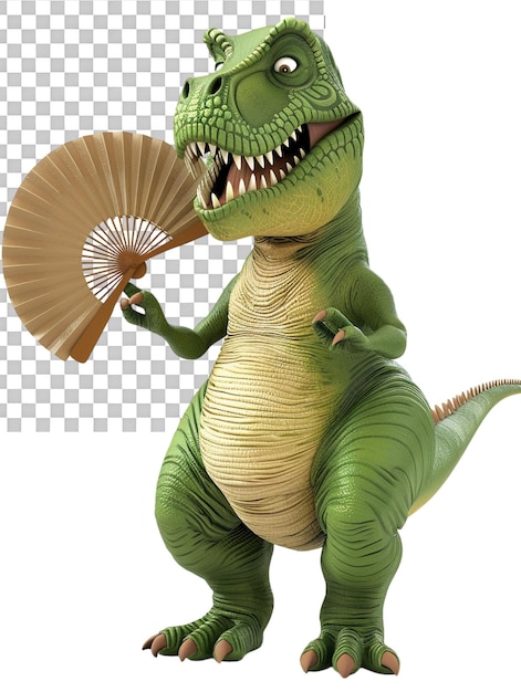 PSD cheery cartoon green trex with hand fan