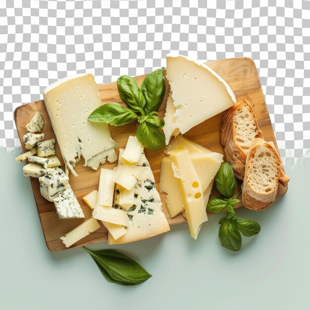 PSD cheese and cheese on a cutting board with cheese and basil leaves