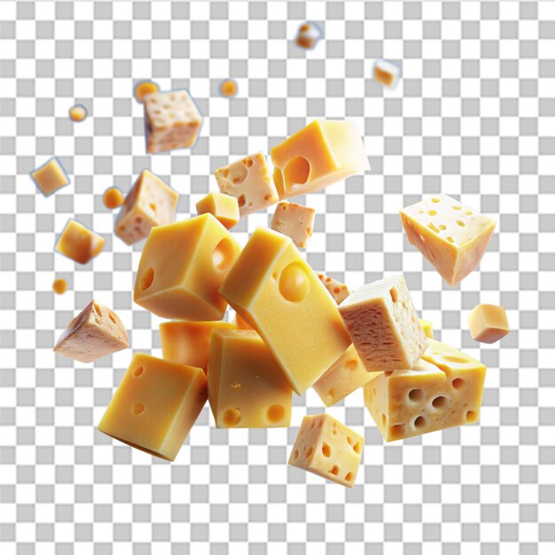 PSD cheese falling into the air with flying pieces on blue sky background