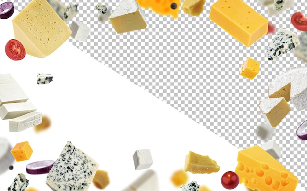 Cheese frame isolated on white background, different types of cheese