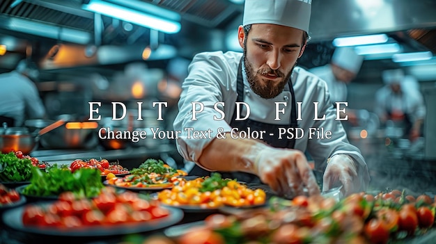 PSD chef finishing a dish in a busy kitchen