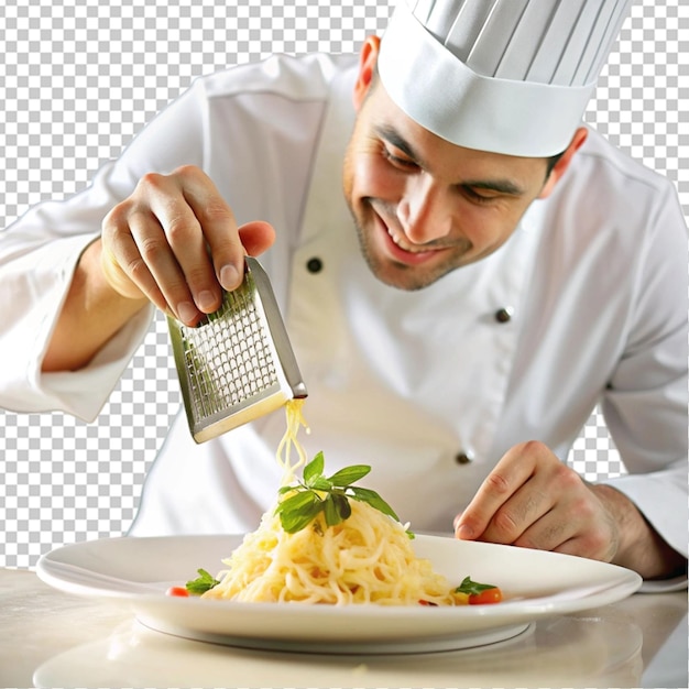 PSD chef grates hard cheese on top of a freshly prepare transparent background