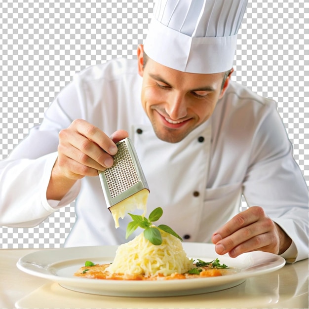 PSD chef grates hard cheese on top of a freshly prepare transparent background