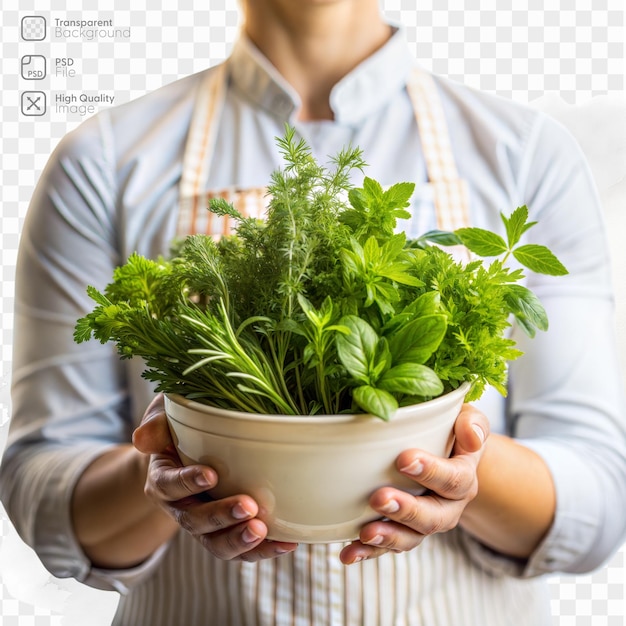 PSD chef holding fresh green herbs in ceramic bowl