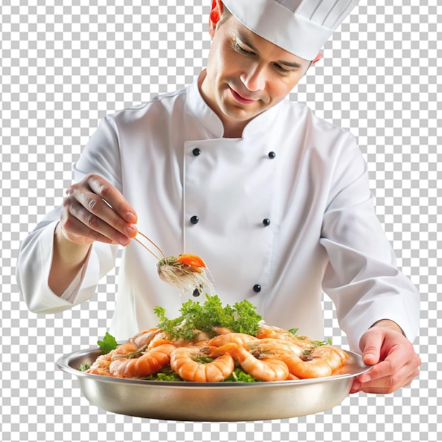 PSD chef is cooking delicious shrimp with seasoning on transparent background