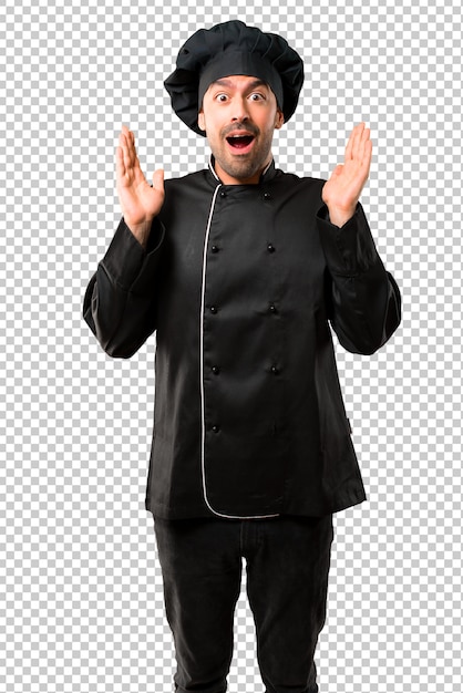 Chef man In black uniform with surprise and shocked facial expression. 