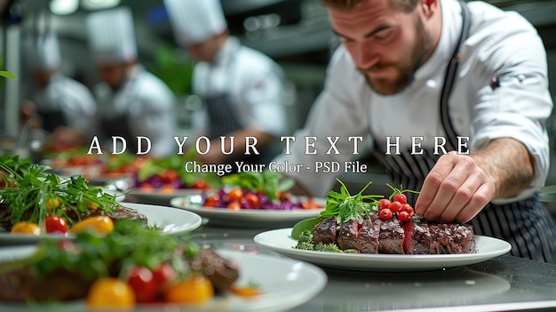 PSD chef plating steak with berries and herbs