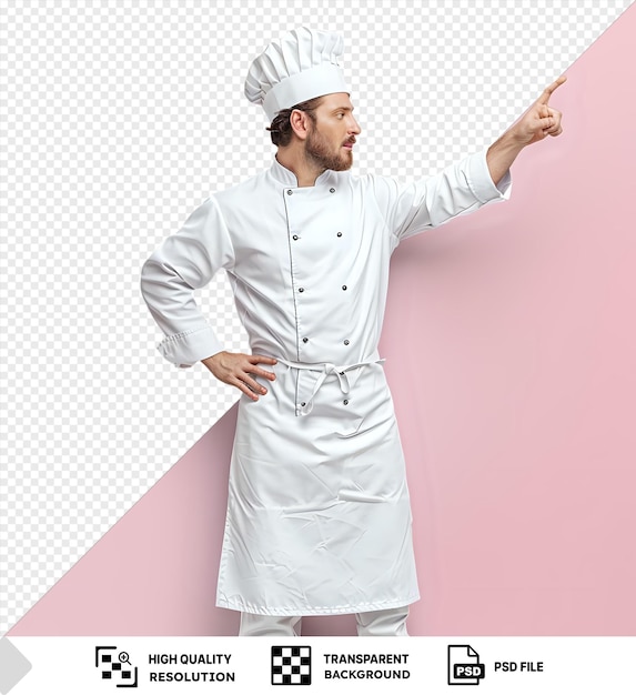 Chef Points Upward with Finger Wearing White Uniform Against a Pink Background Isolated Image