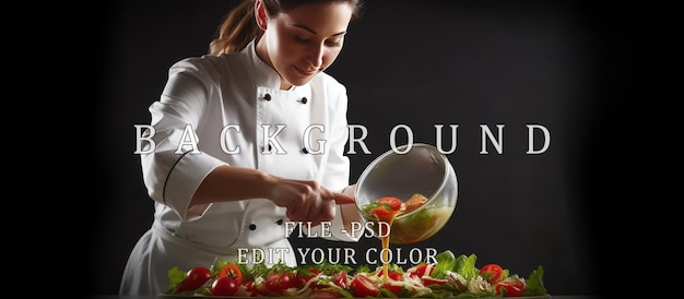 The chef pours olive oil into the salad