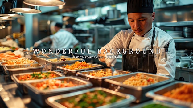 PSD chef preparing food in a restaurant kitchen arranging trays of food for a buffet or catering event