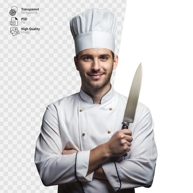 Chef in Professional White Uniform Holding Knife With Transparent Background Daytime Studio