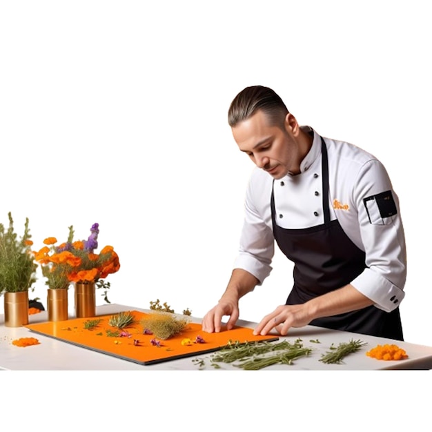 a chef with a chefs hat on and a board with flowers and a picture of a chef with the word  chef  on it