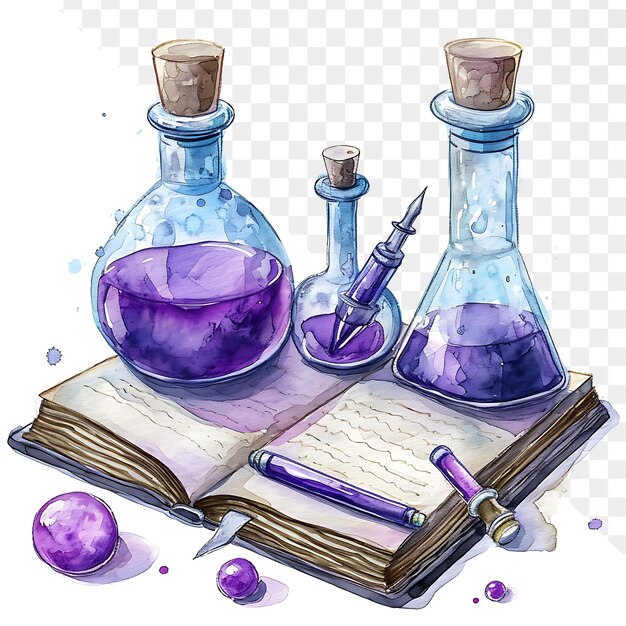 Chemist laboratory setup with alchemy book and tools