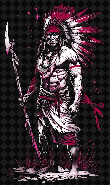 PSD cherokee warrior portrait with war paint and tomahawk standi png illustration character designs