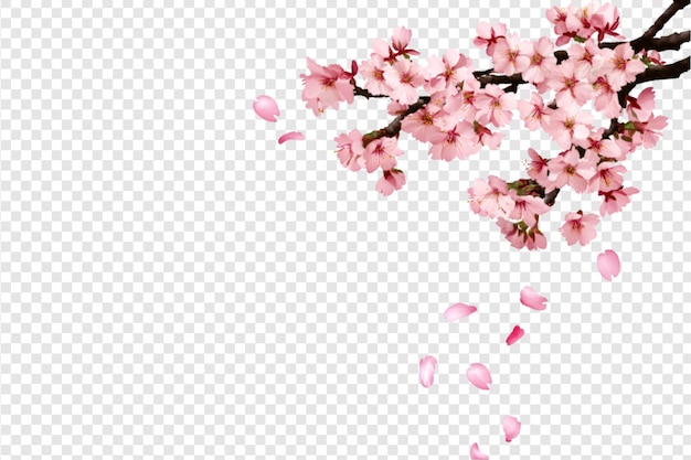 Cherry blossom branch with falling pink petals isolated on a transparent background