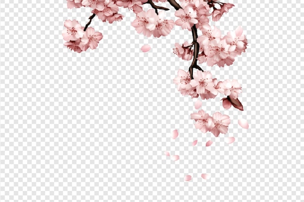 Cherry blossom branch with falling pink petals isolated on a transparent background