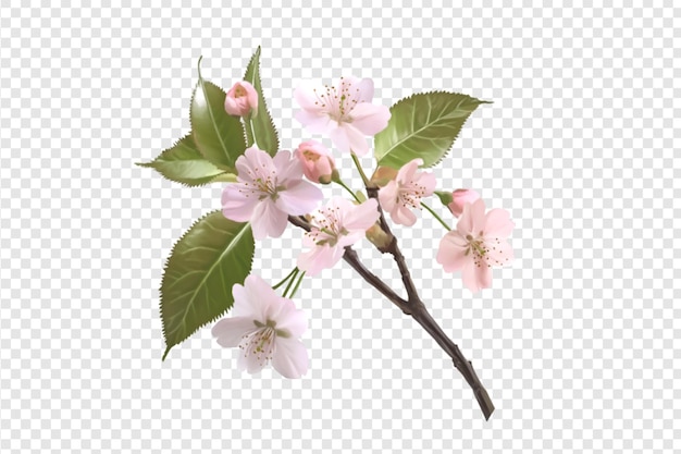 Cherry blossom branch with green leaves isolated on a transparent background