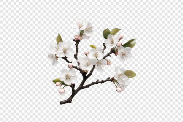 Cherry blossom branch with white flowers and green leaves isolated on a transparent background