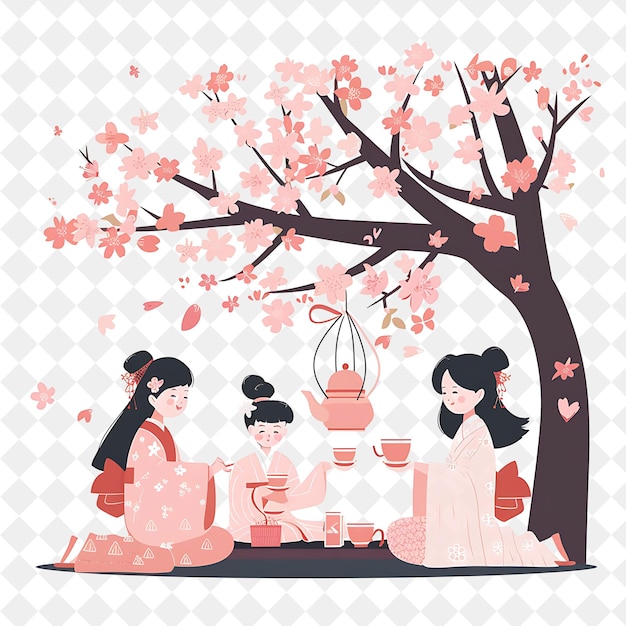 PSD cherry blossom festival with characters having a tea ceremon png festival 2d flat art illustrations