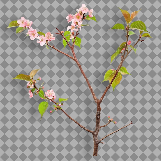 PSD cherry branch tall and spreading with rough bark small leave isolated tree branch on clean bg