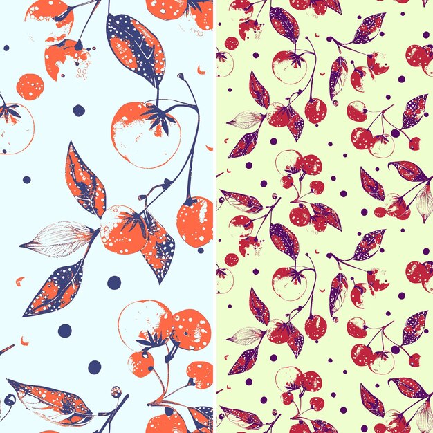 Cherry With Floral Motifs and Watercolor Design With Polka D Unique Tropical Fruit Pattern Vector