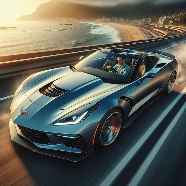 a chervrolet corvette supercar is driving on a road in the sunset