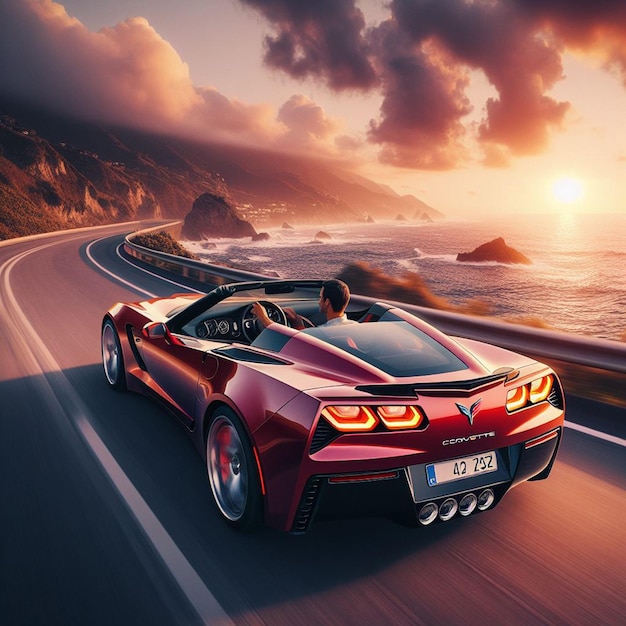 a chervrolet corvette supercar is driving on a road in the sunset