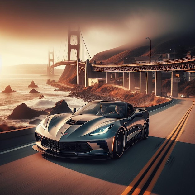 a chervrolet corvette supercar is driving on a road in the sunset