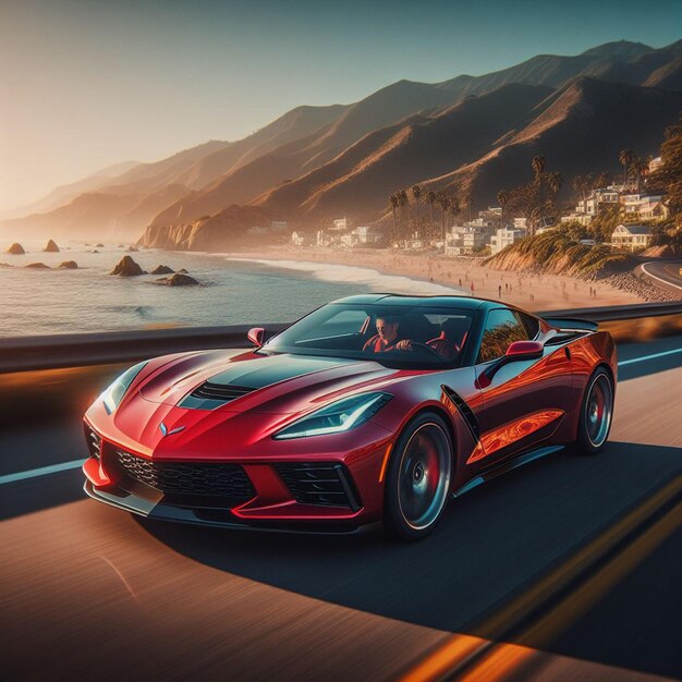 a chervrolet corvette supercar is driving on a road in the sunset