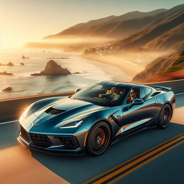 a chervrolet corvette supercar is driving on a road in the sunset