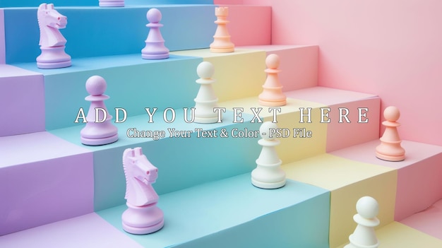 PSD chess pieces on a colorful staircase