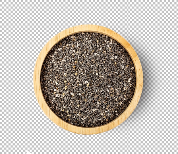 Chia seeds in wooden bowl isolated on alpha layer