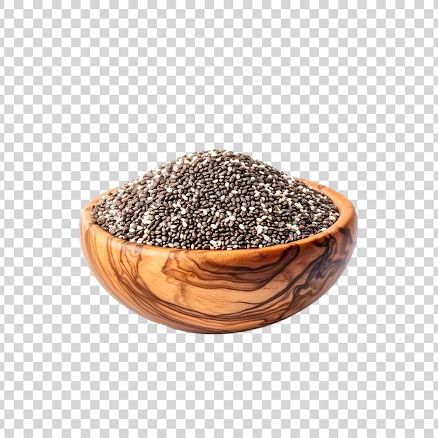 Chia seeds in a wooden bowl isolated on a white background