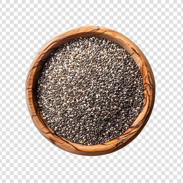 Chia seeds in a wooden bowl on a transparent background