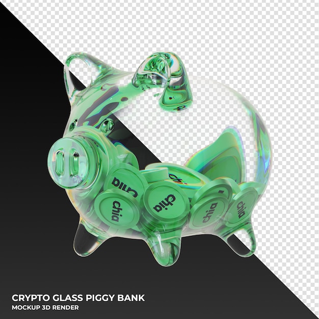 Chia XCH glass piggy bank with crypto coins 3d illustration