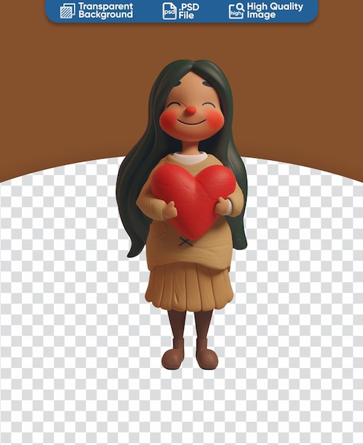 Chibi cartoon 3D render illustration of a cute happy woman holding a big red heart