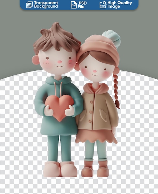 Chibi cartoon of a cute happy couple with a big heart in 3D render illustration