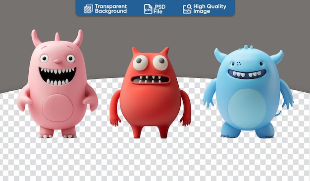 PSD chibi cartoon set of cute and happy 3d render illustration monsters