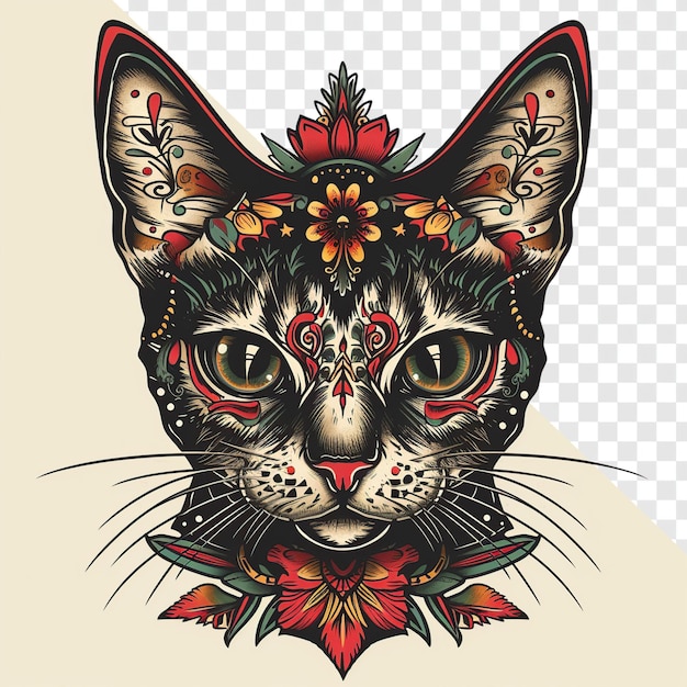 Chicano Style Cat Tattoo Drawing with Transparent Background