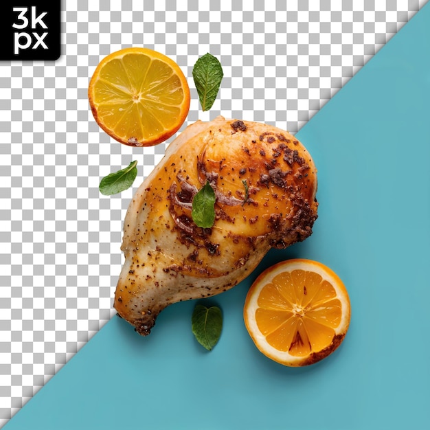 PSD a chicken breast with lemons and mint leaves