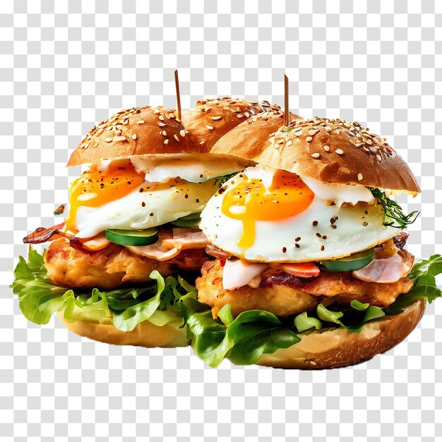 chicken burger with egg benedict in croissant on transparent background