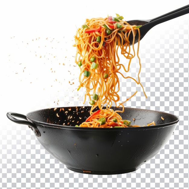 PSD chicken chow mein with black pan isolated o png